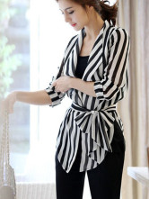 Blouse Chemise Pour Féminine Soie Col Débordé Rayure Blanche Noire