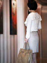 Attrayant en ivoire longues manches mousseline de soie élastique Blouse pour les femmes
