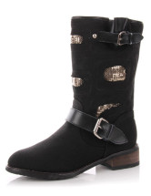 Cool Black Cow Leather Cloth Womens Mid Calf Boots