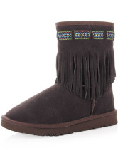 Coffee Cow Leather Tassels Womens Flat Snow Boots