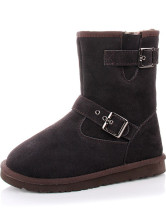 Coffee Cowhide Buckle Flat Mide Calf Women's Snow Boots