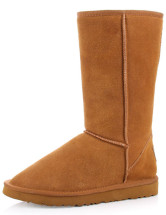 Warm Camel Flat Cowhide Woolen Women's Snow Boots