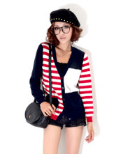 Cardigan Gilet Féminin Coton Tricoté V-Cou Rayures Rouge