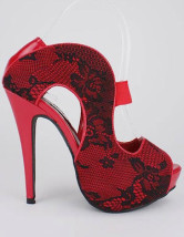 Sandales rouges à talons hauts avec plate-forme avec dentelle noire