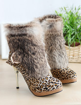 Leopard 4 1/10" High Heel Cony Hair Patent Leather Womens Fashion Ankle Boots