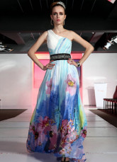 Bleu Prom robe fleur d'impression Tencel mousseline de soie une épaule féminin
