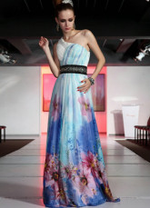 Bleu Prom robe fleur d'impression Tencel mousseline de soie une épaule féminin
