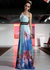 Bleu Prom robe fleur d'impression Tencel mousseline de soie une épaule féminin