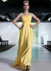Robe de Prom populaire jaune perlage Spaghetti longueur de la parole des femmes
