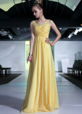 Robe de Prom populaire jaune perlage Spaghetti longueur de la parole des femmes