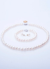 White 7.5-8.5mm Fresh Water Pearl Necklace Bracelet Earrings Jewelry Set