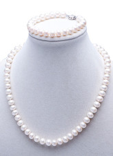 Blanc 7,5-8,5 mm douce eau boucles d'oreilles Bracelet de collier perle bijoux ensemble