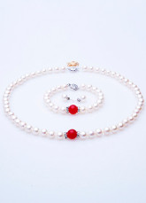 Blanc de 8-8,5 mm ensemble de bijoux de boucles d'oreilles Bracelet de perles, collier rouge Jade l'eau douce