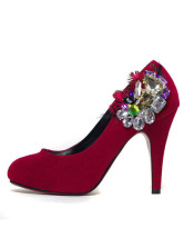 Red Mixed Leather Rhinestone Decoration Wedding Bridal Pump Shoes