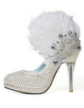 White Satin Rhinestone Feather Decoration Bridal Shoes
