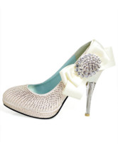 White Mixed Leather Crystal Decoration Bridal Shoes