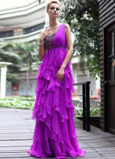 Fuchsia une épaule volants châssis tenue de soirée de mousseline de soie plissé perlées