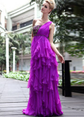 Fuchsia une épaule volants châssis tenue de soirée de mousseline de soie plissé perlées