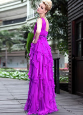 Fuchsia une épaule volants châssis tenue de soirée de mousseline de soie plissé perlées
