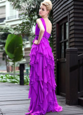 Fuchsia une épaule volants châssis tenue de soirée de mousseline de soie plissé perlées