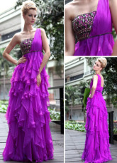 Fuchsia une épaule volants châssis tenue de soirée de mousseline de soie plissé perlées