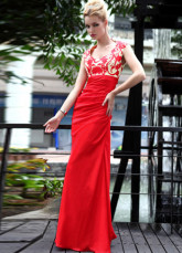 Longueur de Sweetheart Applique plissé étage rouge tissé robe de Satin Prom