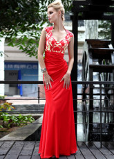 Longueur de Sweetheart Applique plissé étage rouge tissé robe de Satin Prom