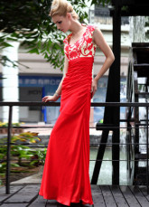 Longueur de Sweetheart Applique plissé étage rouge tissé robe de Satin Prom