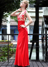 Longueur de Sweetheart Applique plissé étage rouge tissé robe de Satin Prom