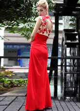 Longueur de Sweetheart Applique plissé étage rouge tissé robe de Satin Prom