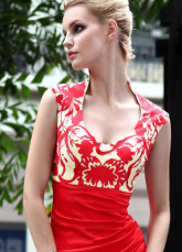 Longueur de Sweetheart Applique plissé étage rouge tissé robe de Satin Prom