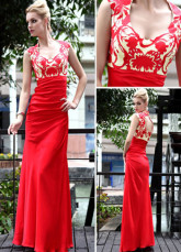 Longueur de Sweetheart Applique plissé étage rouge tissé robe de Satin Prom