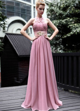 Rose Halter dentelle perlée plissé robe du soir