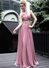 Rose Halter dentelle perlée plissé robe du soir