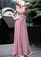 Rose Halter dentelle perlée plissé robe du soir