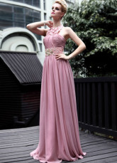 Rose Halter dentelle perlée plissé robe du soir