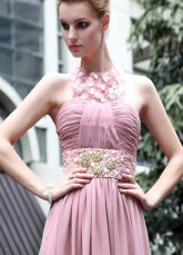Rose Halter dentelle perlée plissé robe du soir