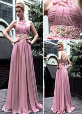 Rose Halter dentelle perlée plissé robe du soir