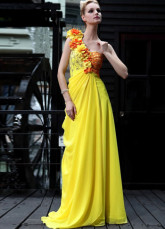 Fleur d'une épaule jaune perlée plissé robe du soir