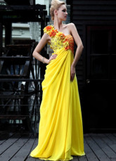 Fleur d'une épaule jaune perlée plissé robe du soir
