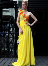 Fleur d'une épaule jaune perlée plissé robe du soir