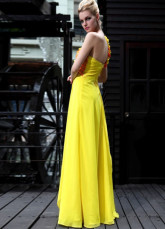 Fleur d'une épaule jaune perlée plissé robe du soir