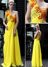 Fleur d'une épaule jaune perlée plissé robe du soir