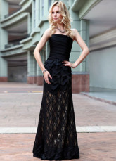 Black Strapless Woven Satin Net Beaded Floor Length Evening Dress