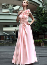 Rose une épaule Applique perlée Prom Satin tissé plissé robe