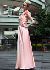 Rose une épaule Applique perlée Prom Satin tissé plissé robe