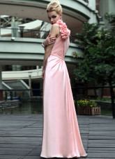 Rose une épaule Applique perlée Prom Satin tissé plissé robe