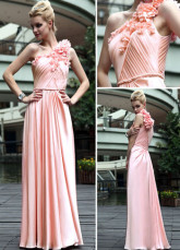 Rose une épaule Applique perlée Prom Satin tissé plissé robe
