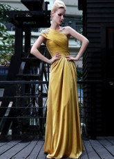 Vintage or une épaule perlée robe du soir Satin tissé de longueur de plancher plissé