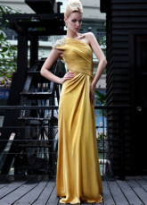 Vintage or une épaule perlée robe du soir Satin tissé de longueur de plancher plissé